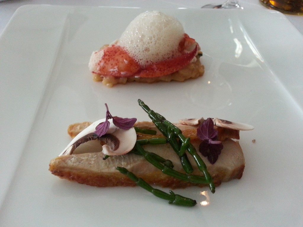Risotto, kreeft, parelhoen